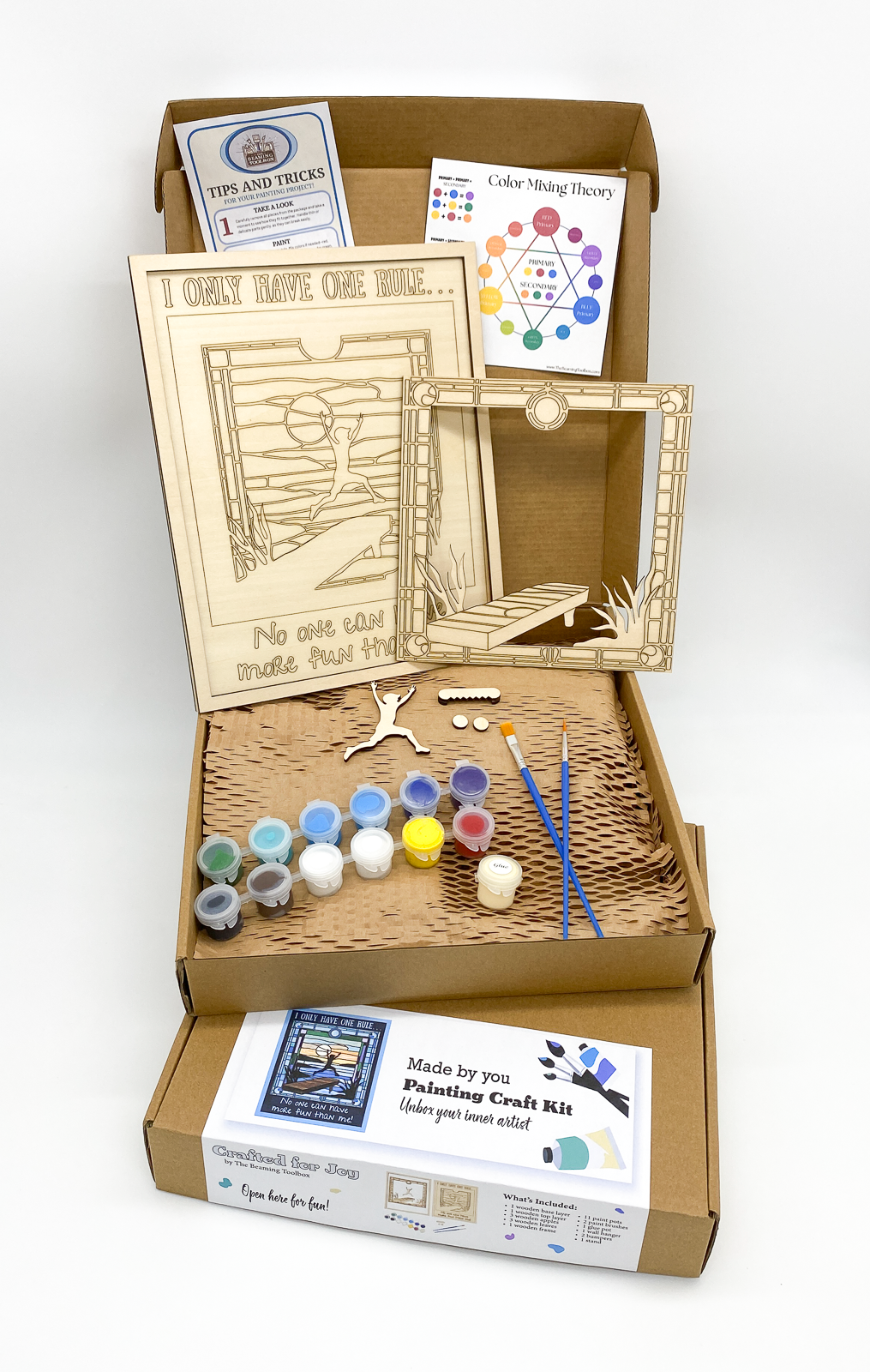 DIY paint kit packaging in a box for “I Only Have One Rule No One Can Have More Fun Than Me” design showing all kit contents including layered wood pieces, paint pots, and brushes