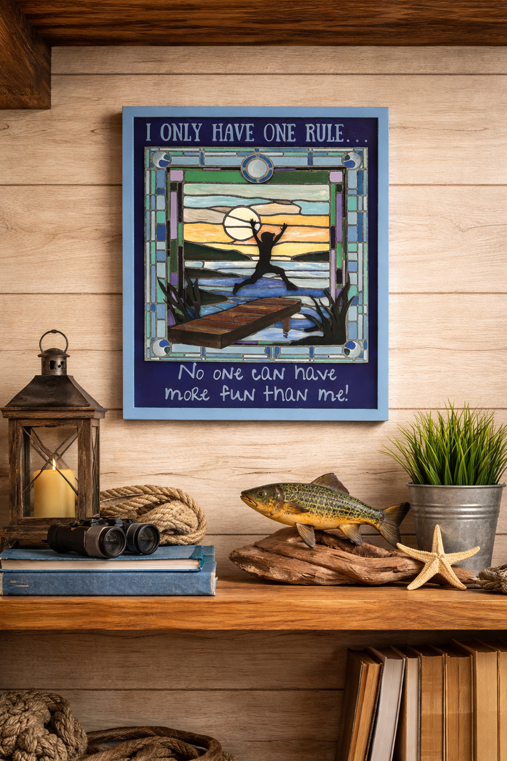 Completed Layered Wood DIY Paint Kit Featuring "I Only Have One Rule... No One Can Have More Fun Than Me" Design With 3D Wooden Boy Figure on a wooden shelf with home decor