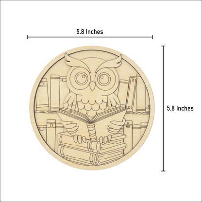 Butterfly book lovers owl wood painting kit with measurement lines showing the artwork is 6.6 inches wide and 5.8 inches tall.