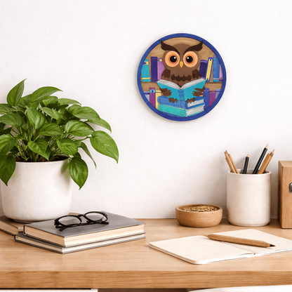 Round diy paint kit completed with an owl reading a book design completed and hanging on a wall next to a desk with books, plant, and stationery.