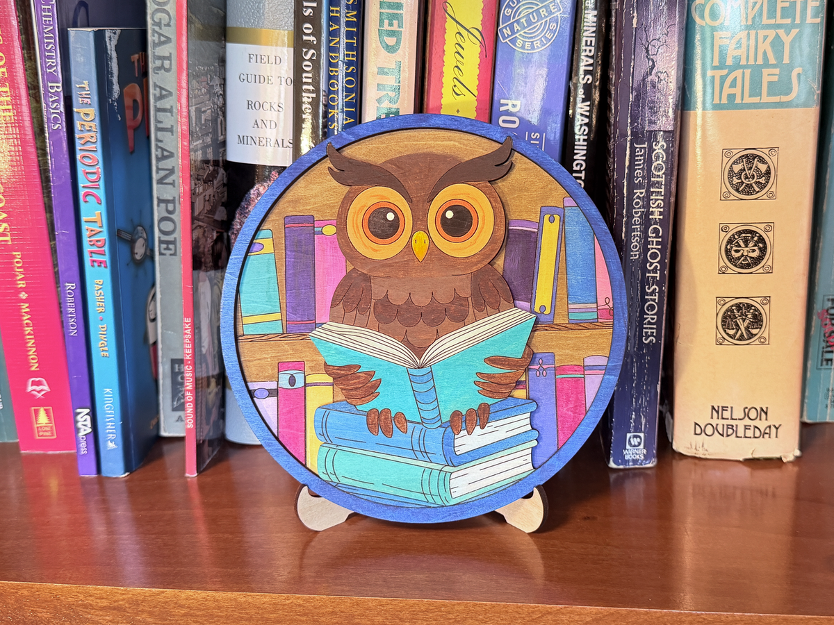 Finished book lovers owl layered wood artwork painted green, pink, orange, and black, displayed on a stand in front of books.