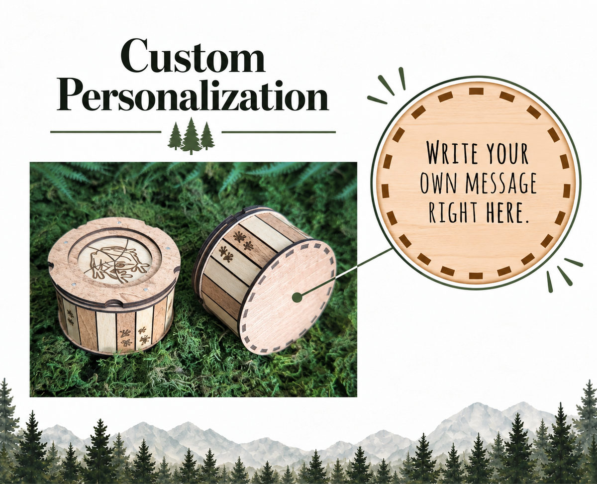 Custom personalization guide for a wooden frog iris box showing where a message can be engraved on the bottom of the box.