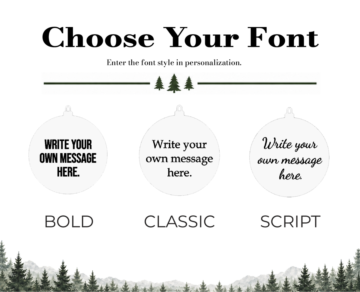 Font selection guide for personalized wooden Sasquatch Christmas ornaments showing Bold, Classic, and Script engraving styles.
