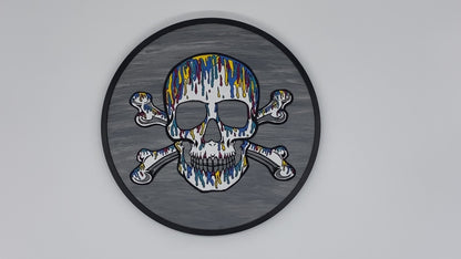 Dripping Skull Art | Hand-Painted Layered Wood Design Blue, Yellow & Magenta