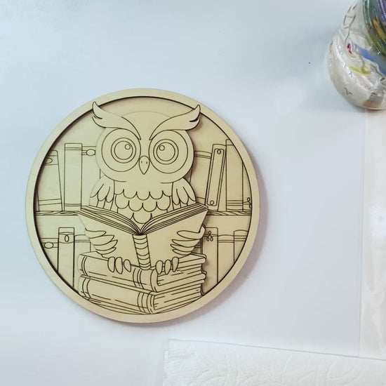Video of example painting of Book Lovers Owl DIY Wood painting kit