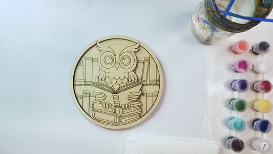 Video of example painting of Book Lovers Owl DIY Wood painting kit
