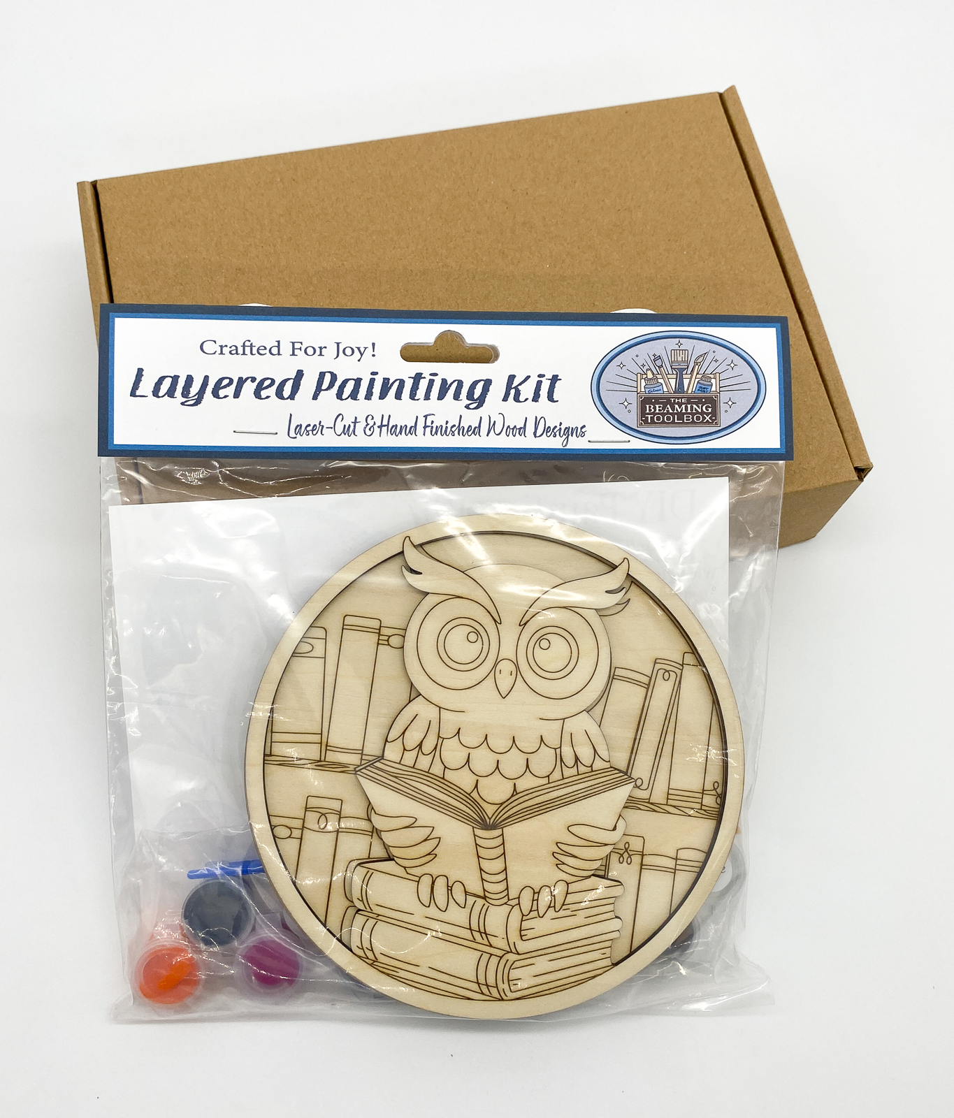 Front of Reading Owl DIY paint kit packaging showing layered wood owl sitting on books and included painting supplies