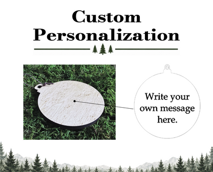 A round, light-colored wooden ornament with a small loop at the top. The text "Custom Personalization" appears at the top, and a diagram on the right includes the text "Write your own message here" with a line pointing to the ornament.