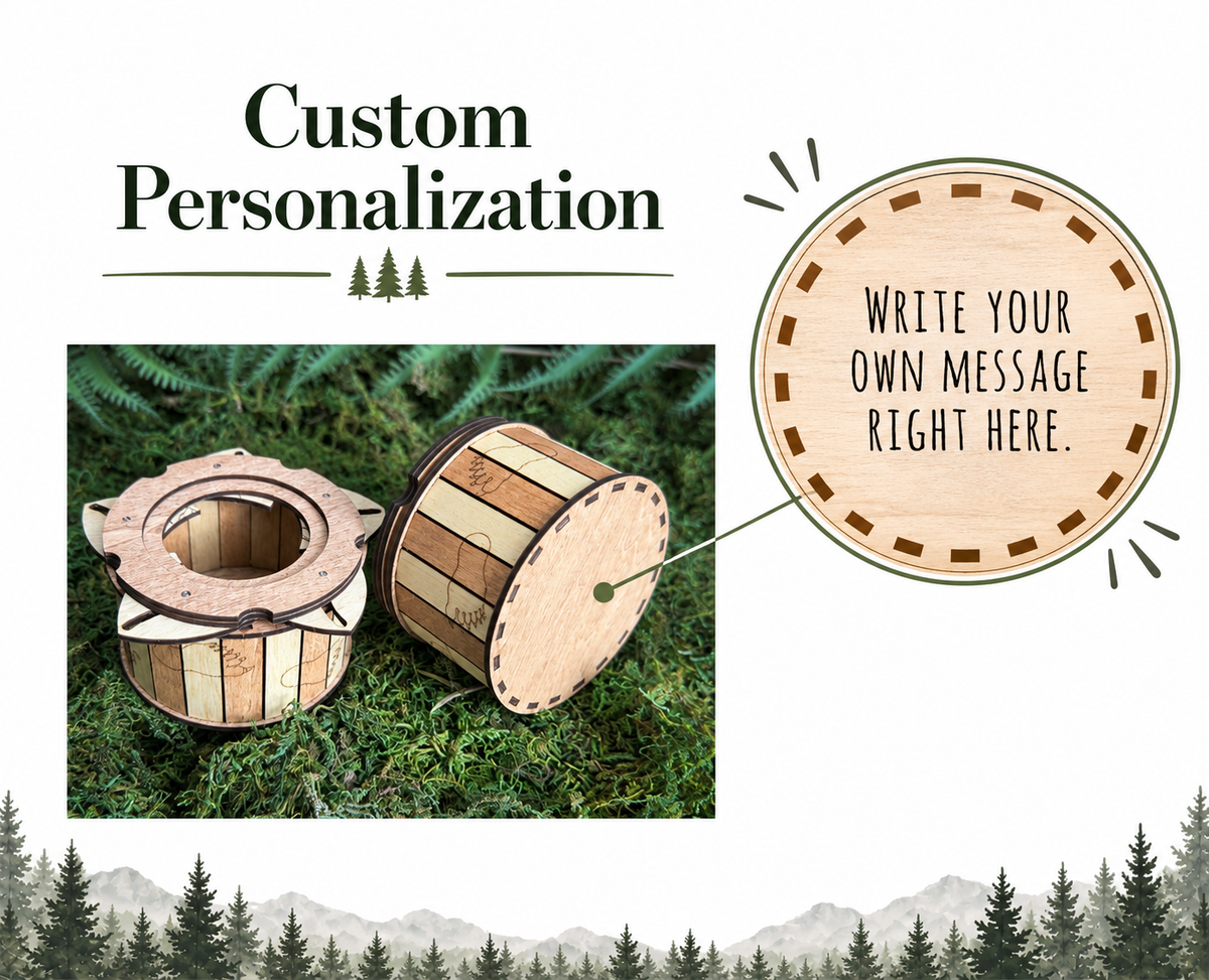 Custom engraving options for a handmade wooden Sasquatch iris box, showing the bottom of the twist-open keepsake box with an example of where a personalized message can be engraved.