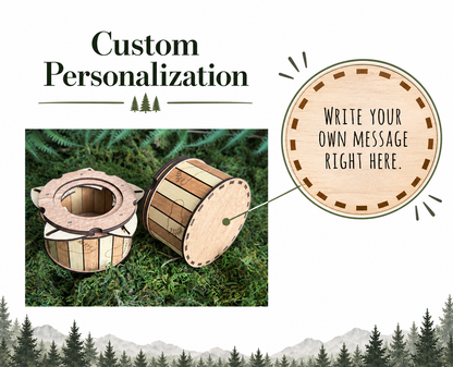 Custom engraving options for a handmade wooden Sasquatch iris box, showing the bottom of the twist-open keepsake box with an example of where a personalized message can be engraved.