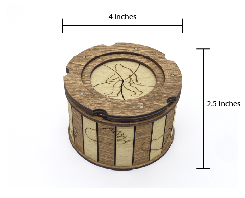 Sasquatch iris box dimensions showing 4 inch diameter and 2.5 inch height handcrafted wooden puzzle box.