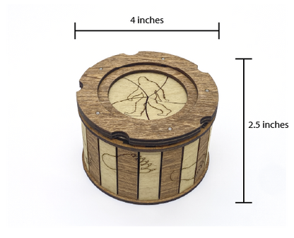 Sasquatch iris box dimensions showing 4 inch diameter and 2.5 inch height handcrafted wooden puzzle box.