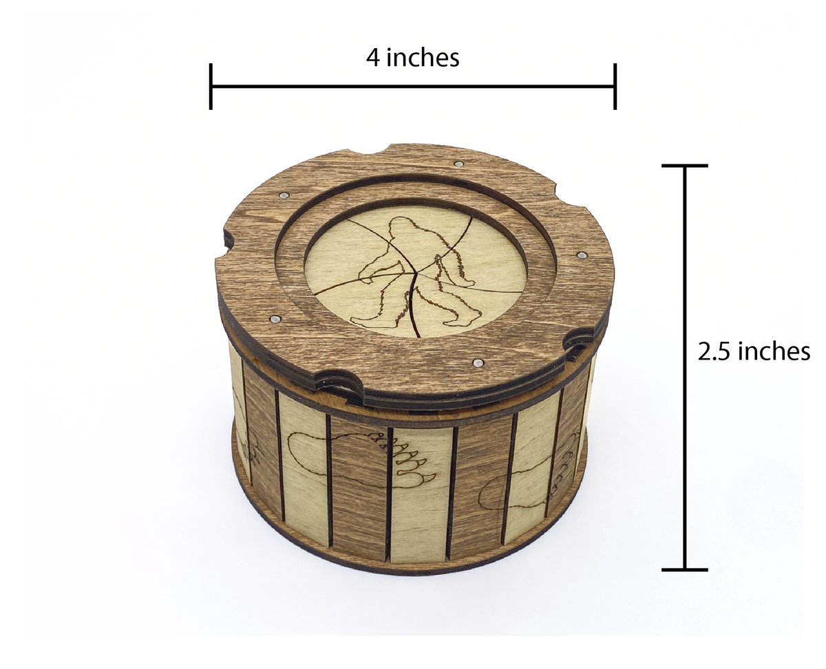 Sasquatch iris box dimensions showing 4 inch diameter and 2.5 inch height handcrafted wooden puzzle box.