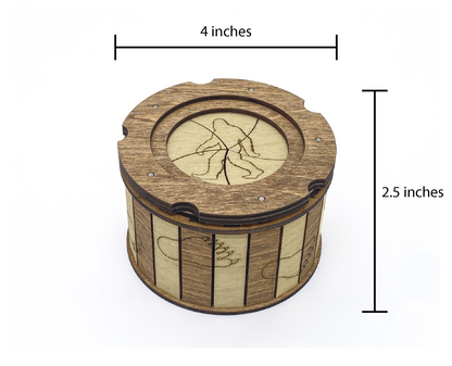 Sasquatch iris box dimensions showing 4 inch diameter and 2.5 inch height handcrafted wooden puzzle box.