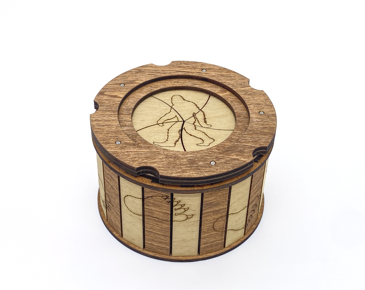 Handcrafted Sasquatch iris box with engraved Bigfoot silhouette on the lid and alternating natural wood and mahogany finish.