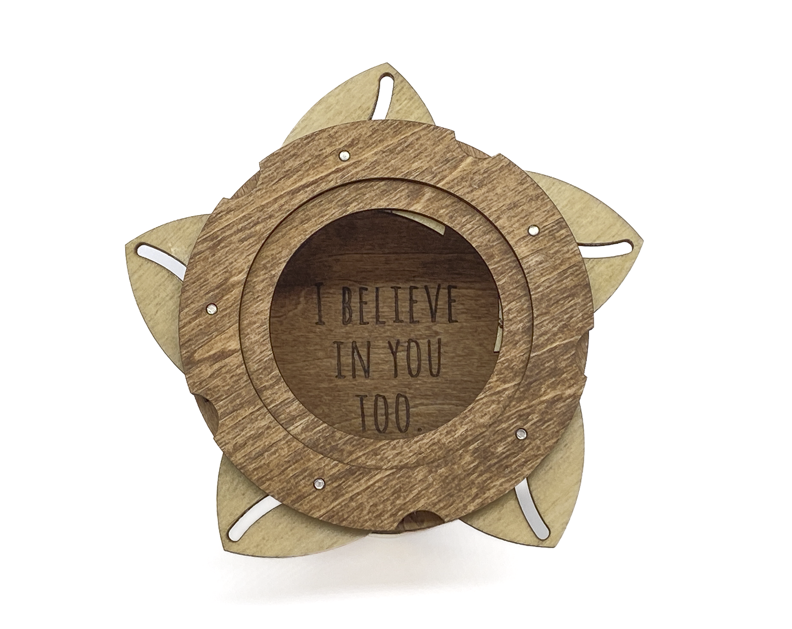 Interior of handcrafted Sasquatch iris box revealing the engraved message I Believe In You Too.
