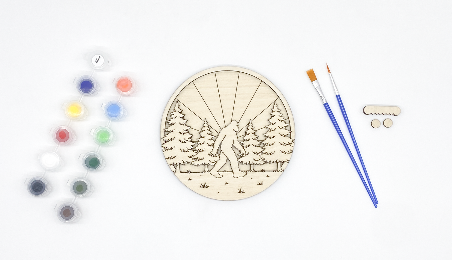 A close-up of the unpainted 2-layer Sasquatch wood kit highlighting the precision laser-etched lines that act as a guide for easy painting