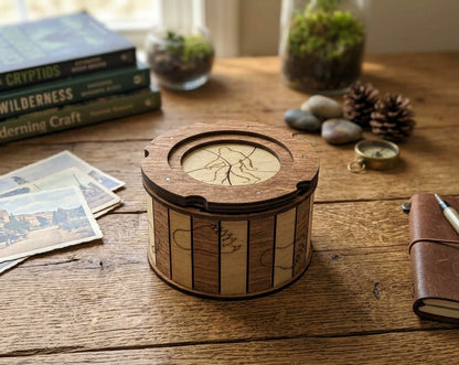 Handmade wooden Sasquatch keepsake box with a round twist-open lid, engraved Bigfoot silhouette, and natural wood panels displayed on a rustic tabletop.