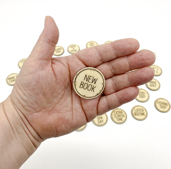 Wooden reward tokens for kids designed for screen-free, candy-free motivation