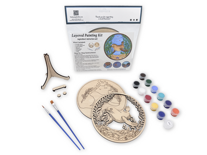 Complete Sea Lion adult painting kit with unfinished layered wood pieces, paint pots, brushes, glue, display stand, hardware, and packaged guide.