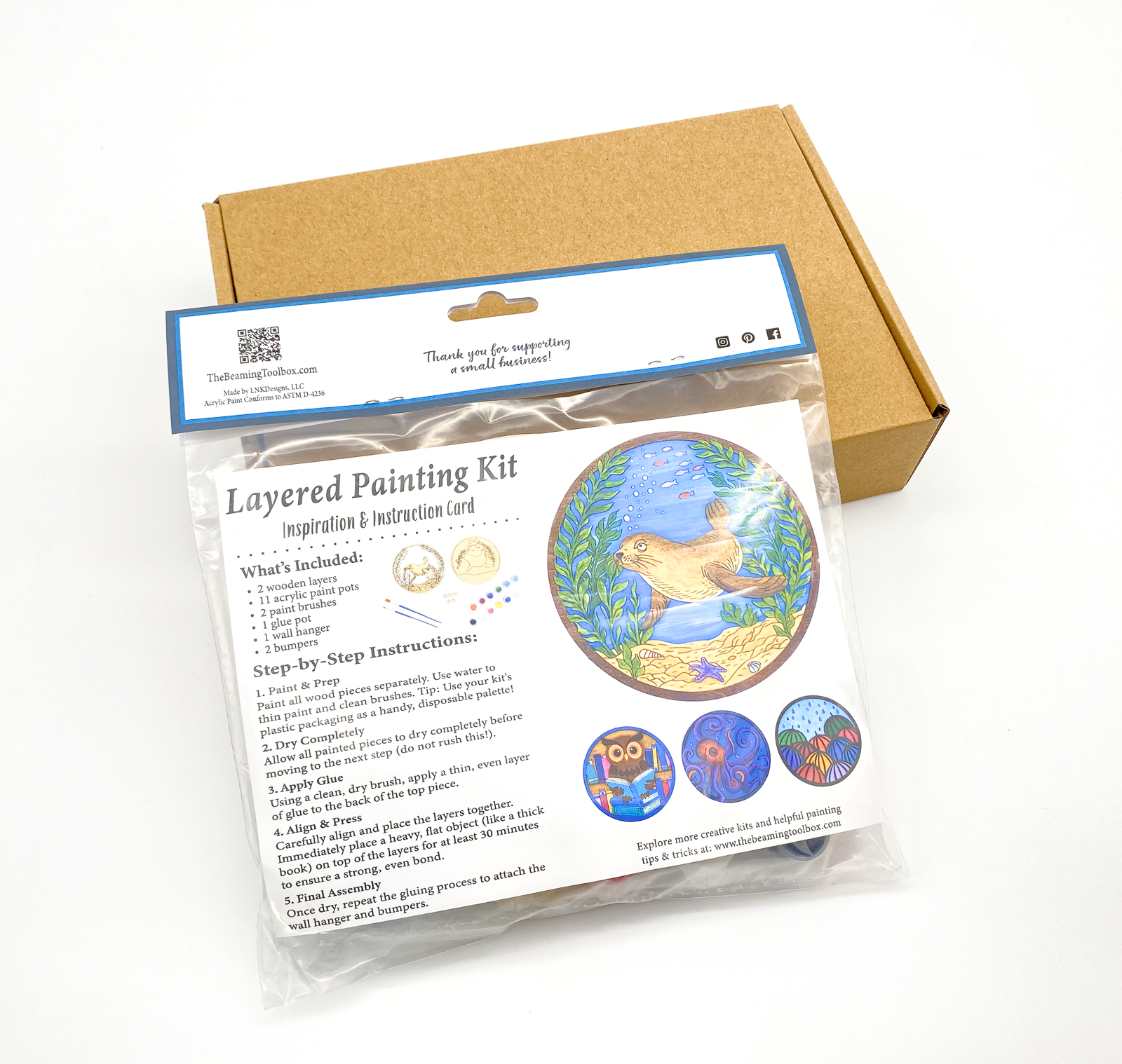 Back of packaged sea lion paint kit showing instructions, finished example, kit contents and painting steps