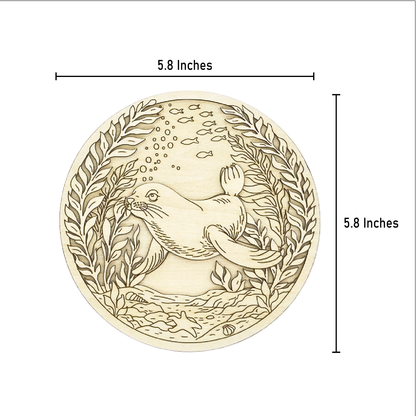 Sea Lion layered wood painting kit with measurement lines showing the round artwork is 5.8 inches wide and 5.8 inches tall.