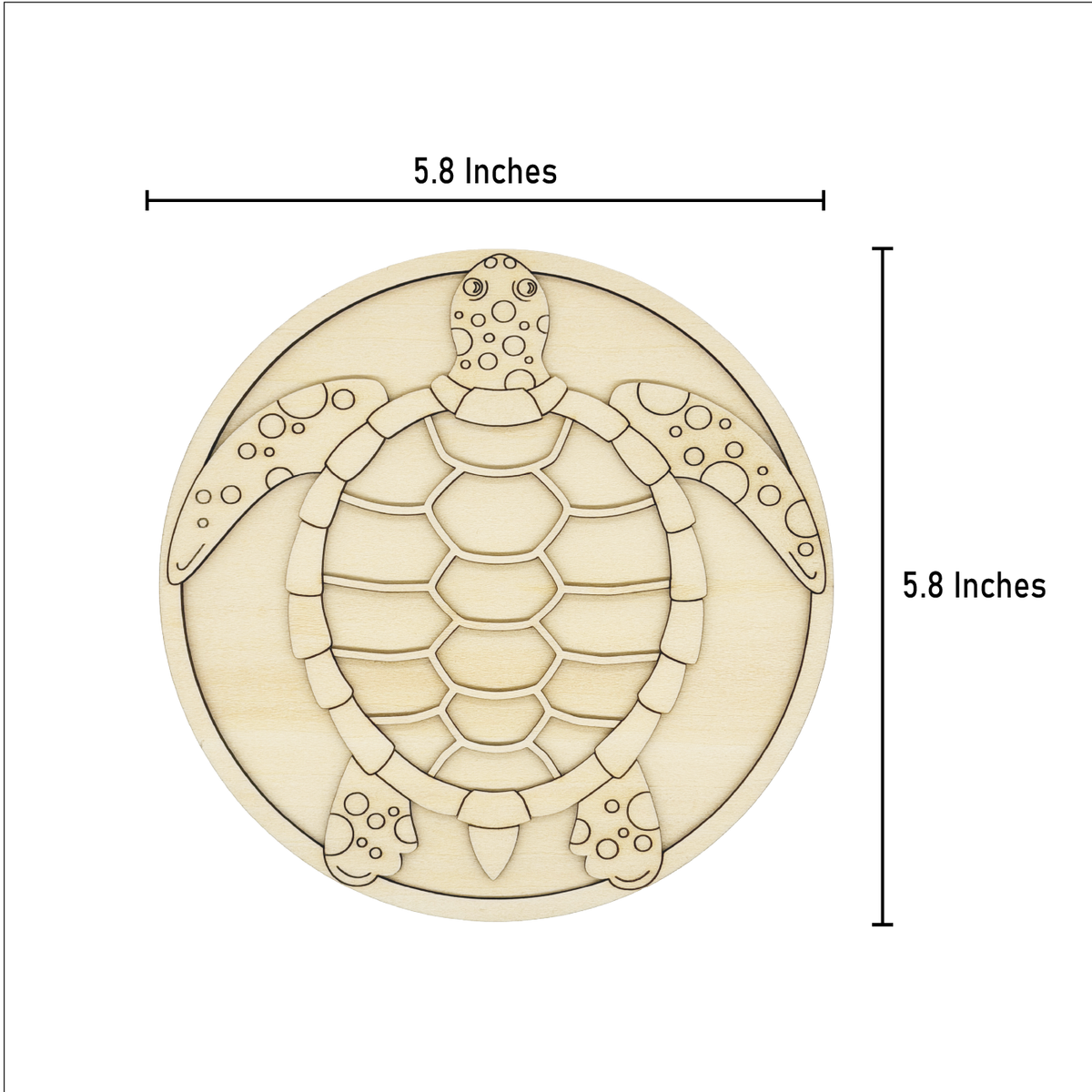 Unpainted sea turtle layered wood artwork shown with 5.8 inch width and 5.8 inch height measurement guide.