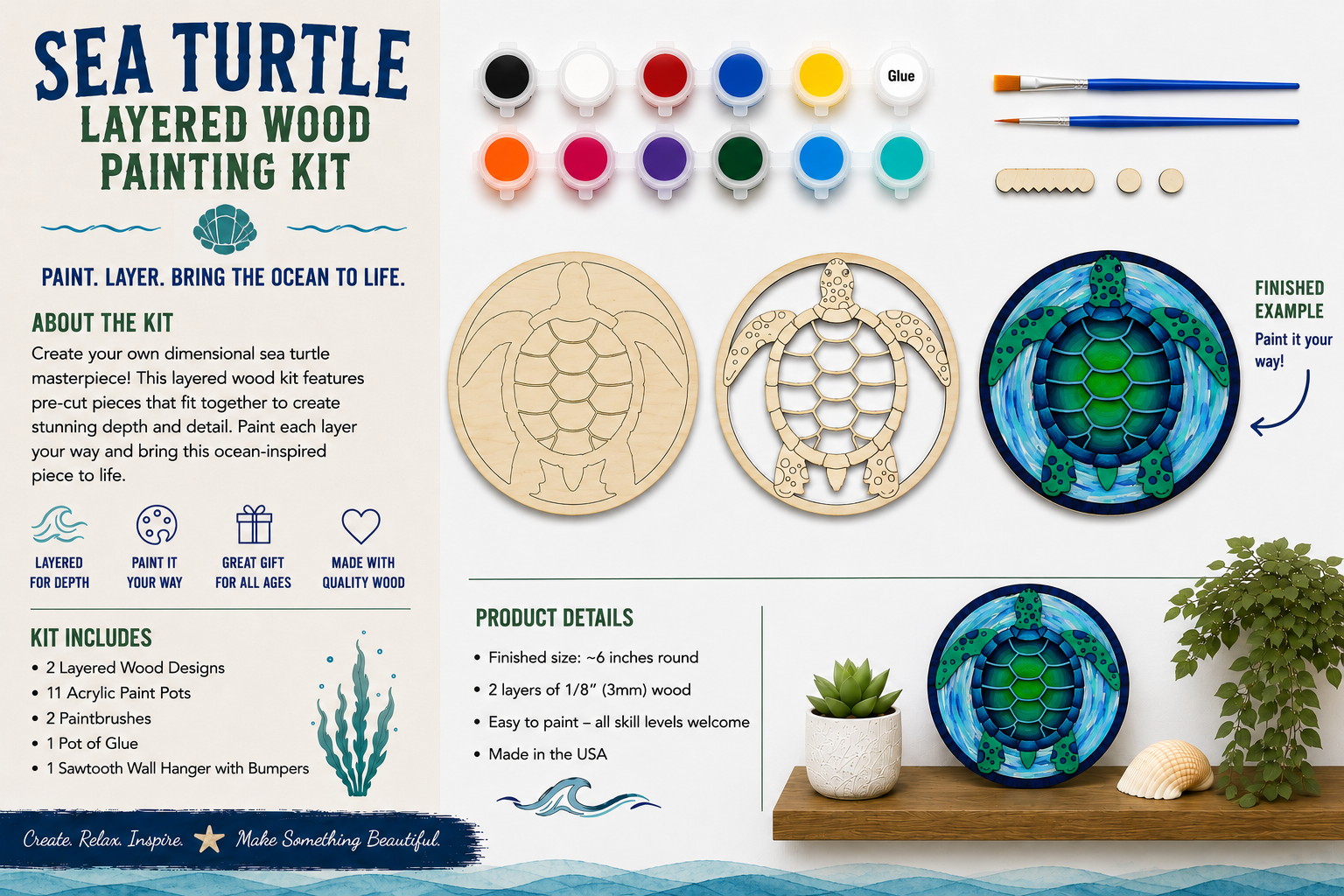 Infographic layout for Sea Turtle layered wood painting kit showing finished painted turtle artwork, unfinished wood layers, acrylic paint pots, paintbrushes, glue, wall hanger, and lifestyle display example.