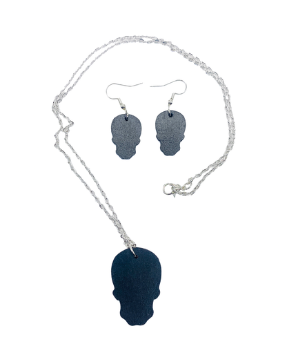 Back view of the wood skull necklace and earrings with silver-plated chain and hooks.