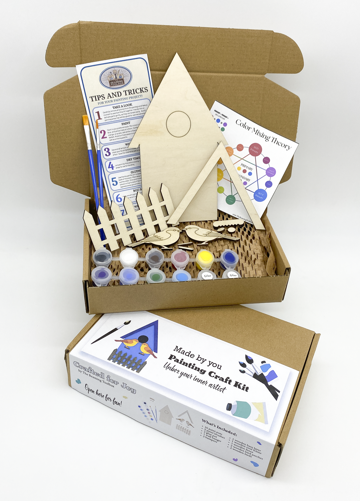 Boxed Tiny Tweets layered birdhouse wall art DIY paint kit packaging showing layered wood birdhouse design and all included kit contents such as paint pots and brushes