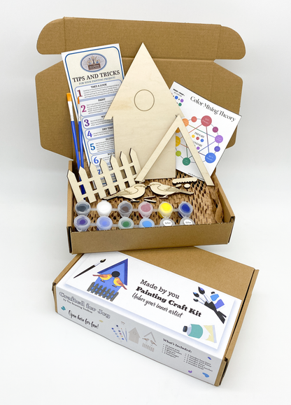 Boxed Tiny Tweets layered birdhouse wall art DIY paint kit packaging showing layered wood birdhouse design and all included kit contents such as paint pots and brushes