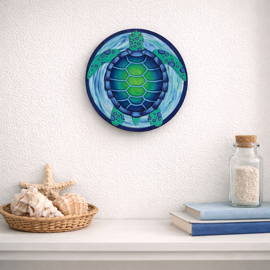 Completed DIY wood painting craft kit of a sea turtle on a white wall above a shelf with decorative items.