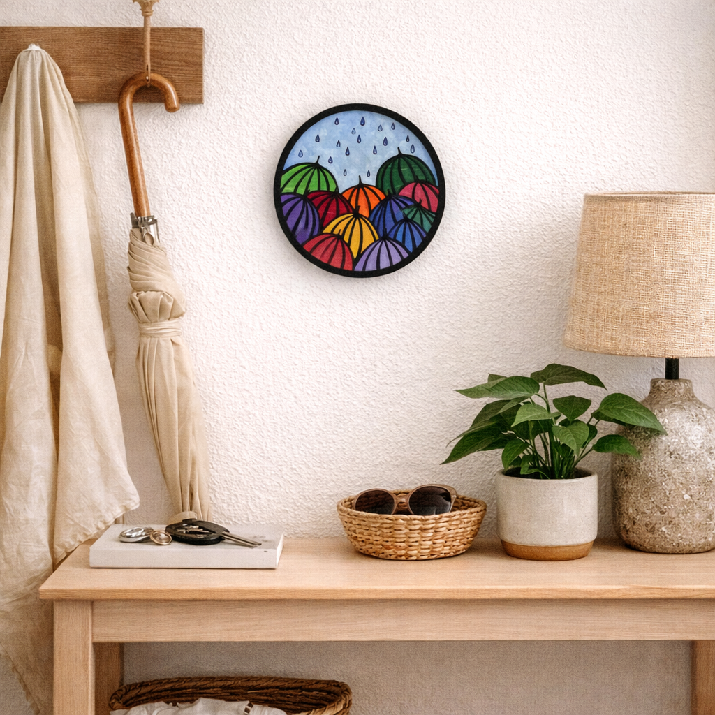 Completed example of a Painted Umbrella Craft Kit with colorful design on a wall above a wooden bench with a lamp and plant.