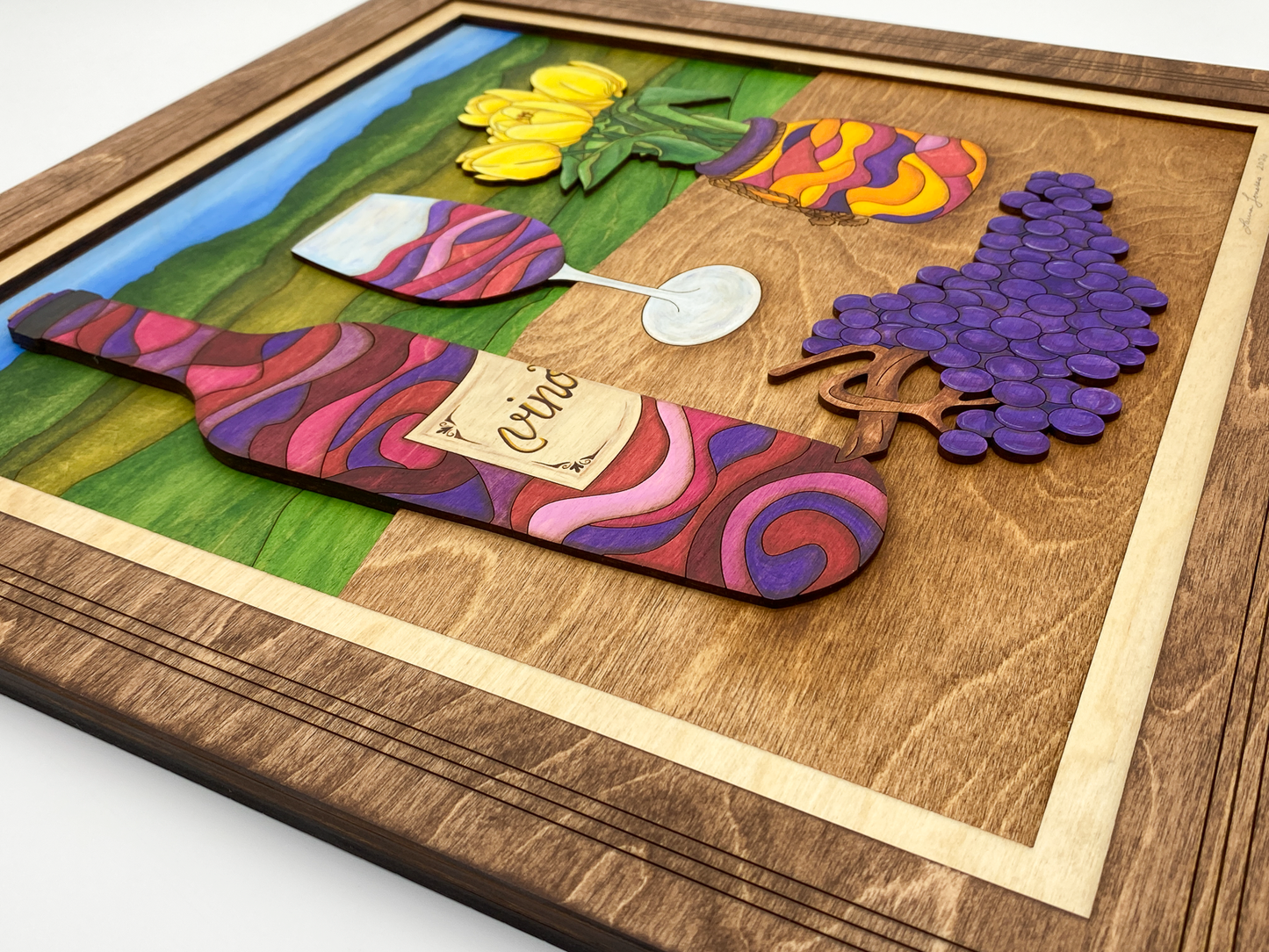 Side profile detail of Wine and Tulips sculptural wood artwork showing layered birch plywood construction and dimensional depth.