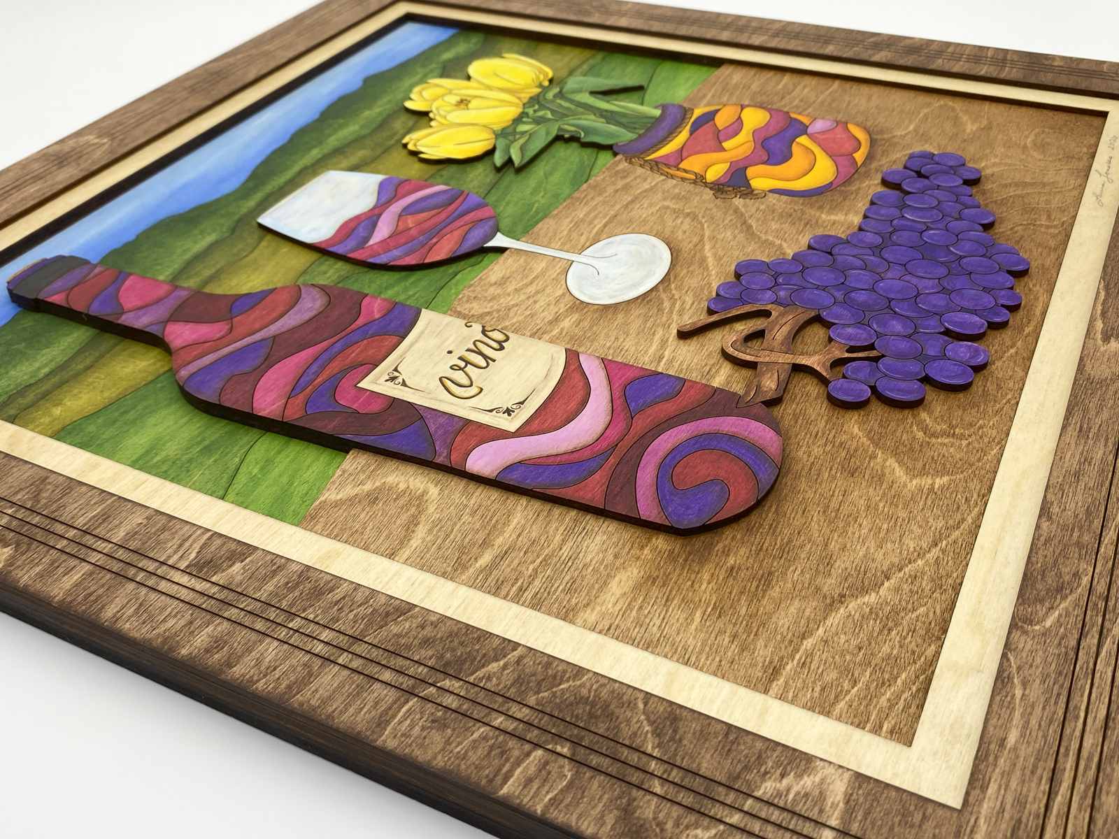 Side profile detail of Wine and Tulips sculptural wood artwork showing layered birch plywood construction and dimensional depth.