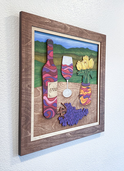 Angled view of Wine and Tulips layered wood wall art highlighting sculptural depth, stained frame, and dimensional layering.