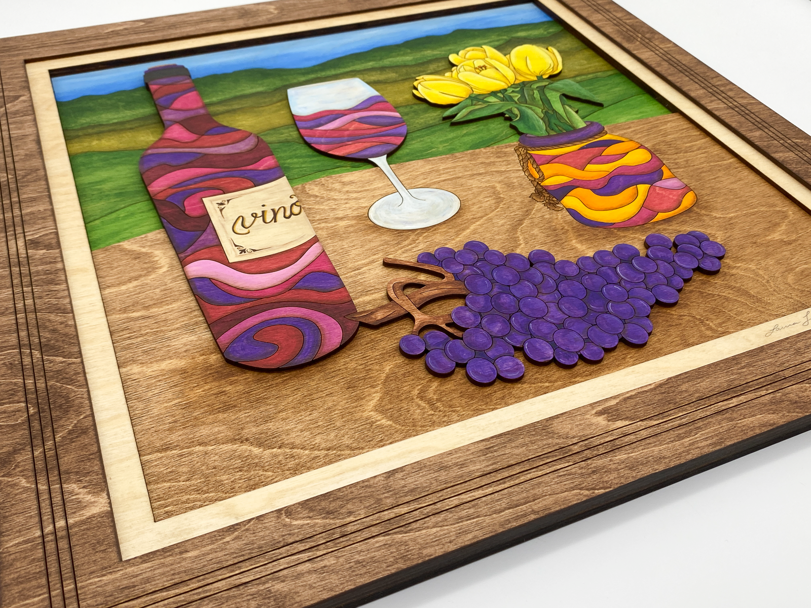 Hand-painted detail view of Wine and Tulips layered wood fine art featuring translucent glazes and visible wood grain texture.