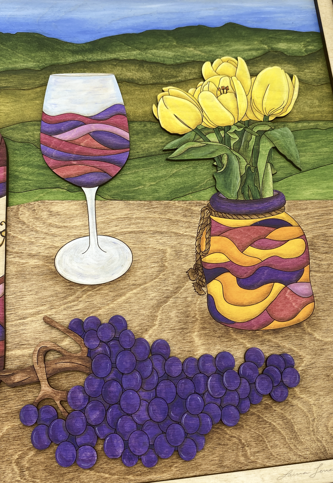 Hand-painted detail view of Wine and Tulips layered wood fine art featuring translucent glazes and visible wood grain texture.
