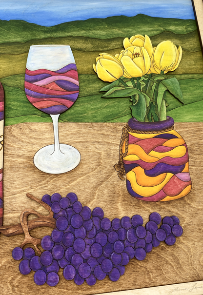 Hand-painted detail view of Wine and Tulips layered wood fine art featuring translucent glazes and visible wood grain texture.