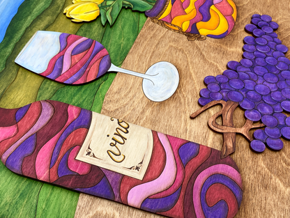 Hand-painted detail view of Wine and Tulips layered wood fine art featuring translucent glazes and visible wood grain texture.