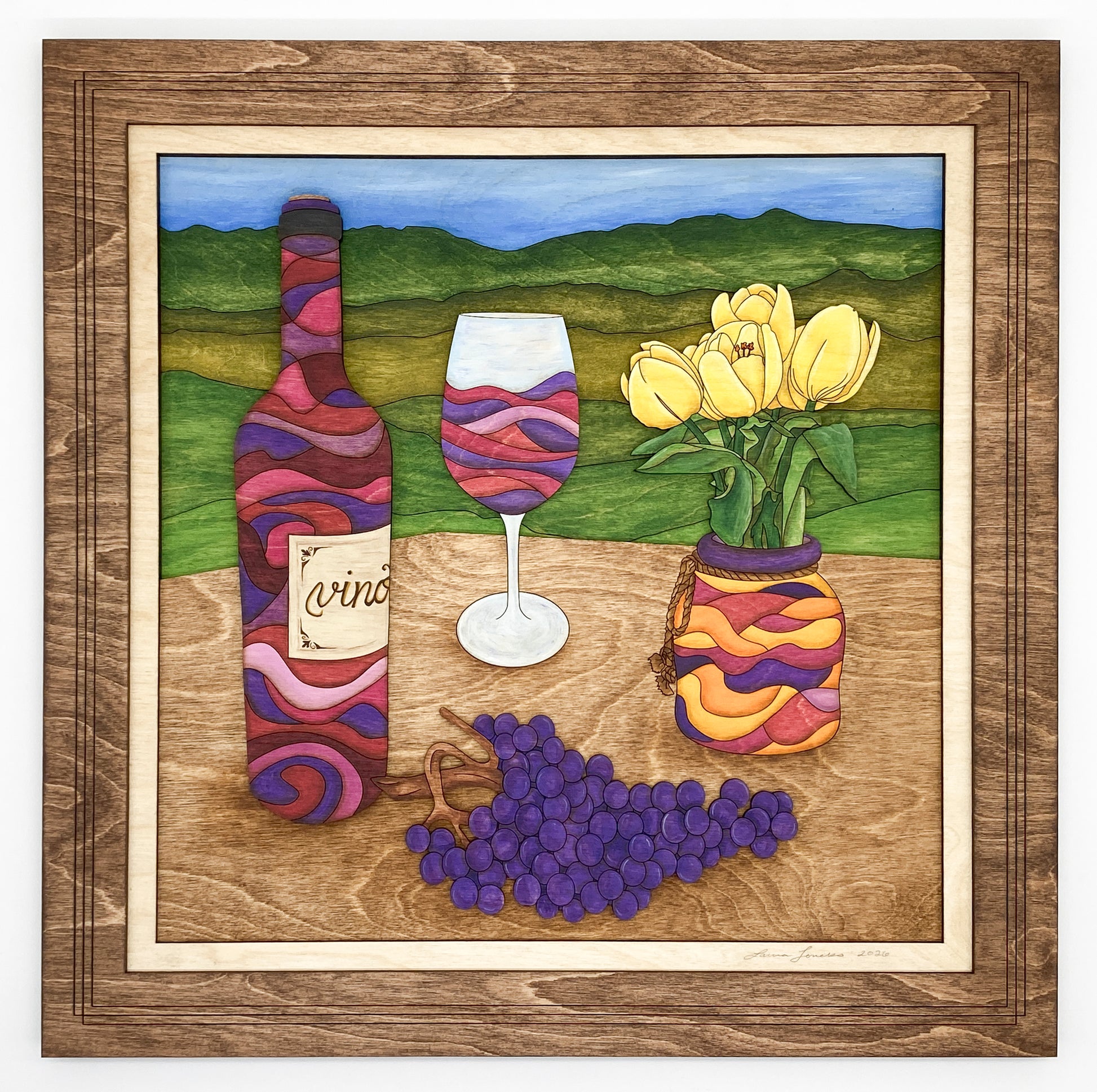 Wine and Tulips layered wood artwork showing laser-cut construction and engraved sculptural layers.
