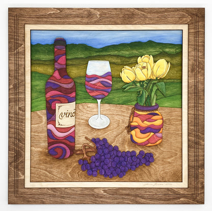 Wine and Tulips layered wood artwork showing laser-cut construction and engraved sculptural layers.