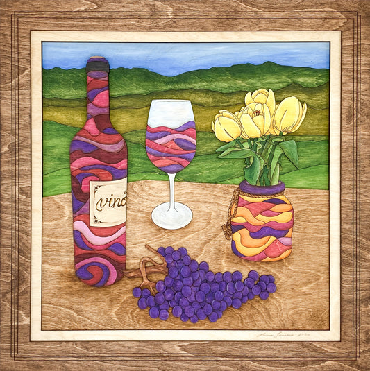 Front view of Wine and Tulips original layered wood fine art featuring wine bottles, tulips, grapes, and vineyard hills in sculptural hand-painted detail.