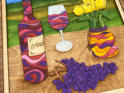 Detailed brushwork and texture close-up of Wine and Tulips fine art piece showing layered paint and engraved wood textures.