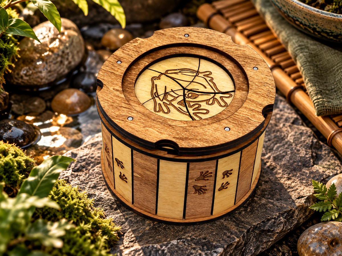 Handmade wooden frog iris box with an engraved frog design on its twist-open lid and small frog footprints along the sides, displayed beside a garden pond.