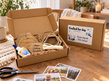 Open kraft gift box containing a wooden hexagon photo garland kit with stained backings, open frames, ribbon, glue and photo cutting template.