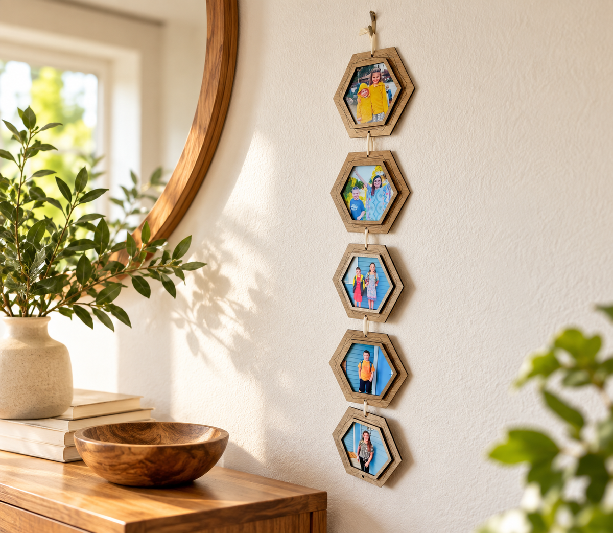 A vertical string of five hexagonal wooden frames hanging on a white wall, each holding a colorful family photo. The frames are styled in a warm, sunlit room next to a wooden console table with a bowl and books.