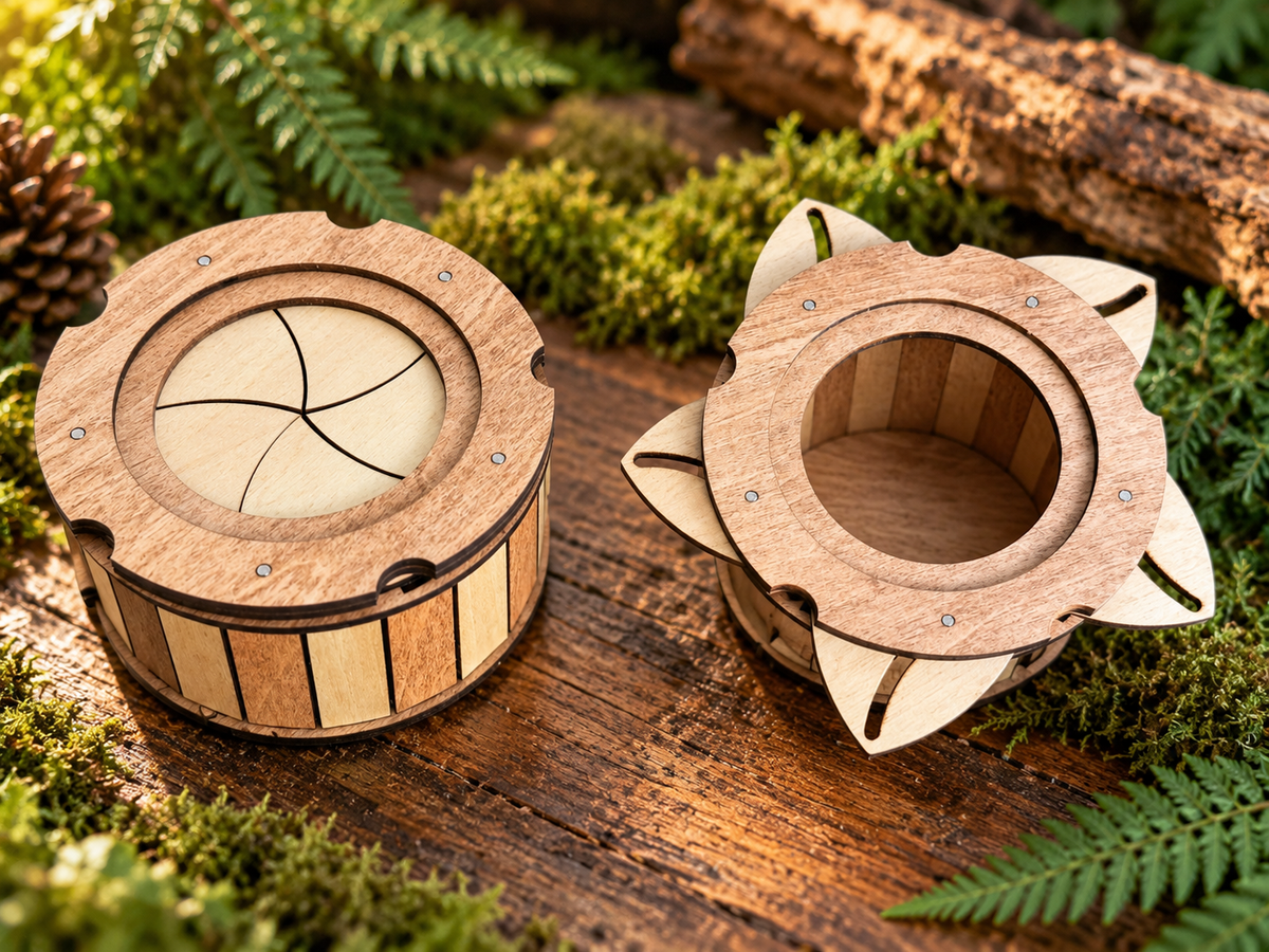 Circular wooden boxes with mechanical iris lids. One box is closed, showing a light-colored wooden iris mechanism. The other box is open, revealing a hollow interior and a top lid with five petal-shaped wooden extensions.