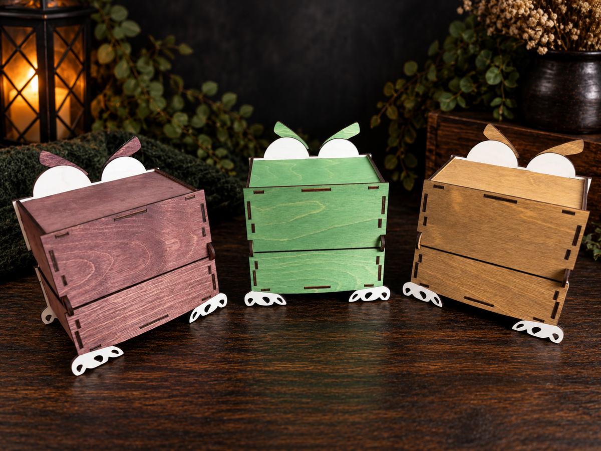 Rear view of three hand-stained wooden monster storage boxes in mahogany, green, and walnut, showing wood grain, hinged construction, and small feet.