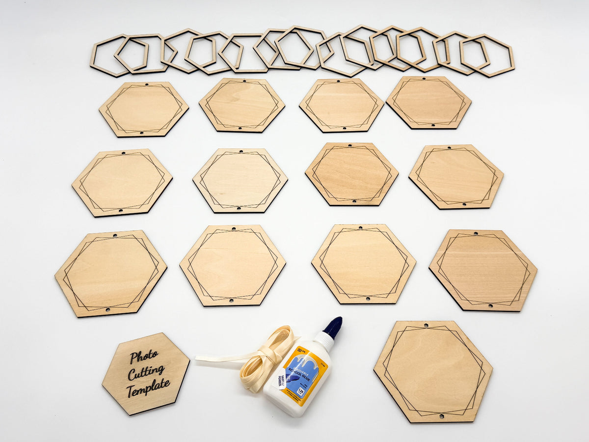 A set of unfinished light wood hexagonal photo cutting templates arranged on a white background, including a row of nested hexagonal frames at the top, multiple plain hexagonal boards in the middle, one labeled 'Photo Cutting Template' with a string, and a small bottle of glue at the bottom.